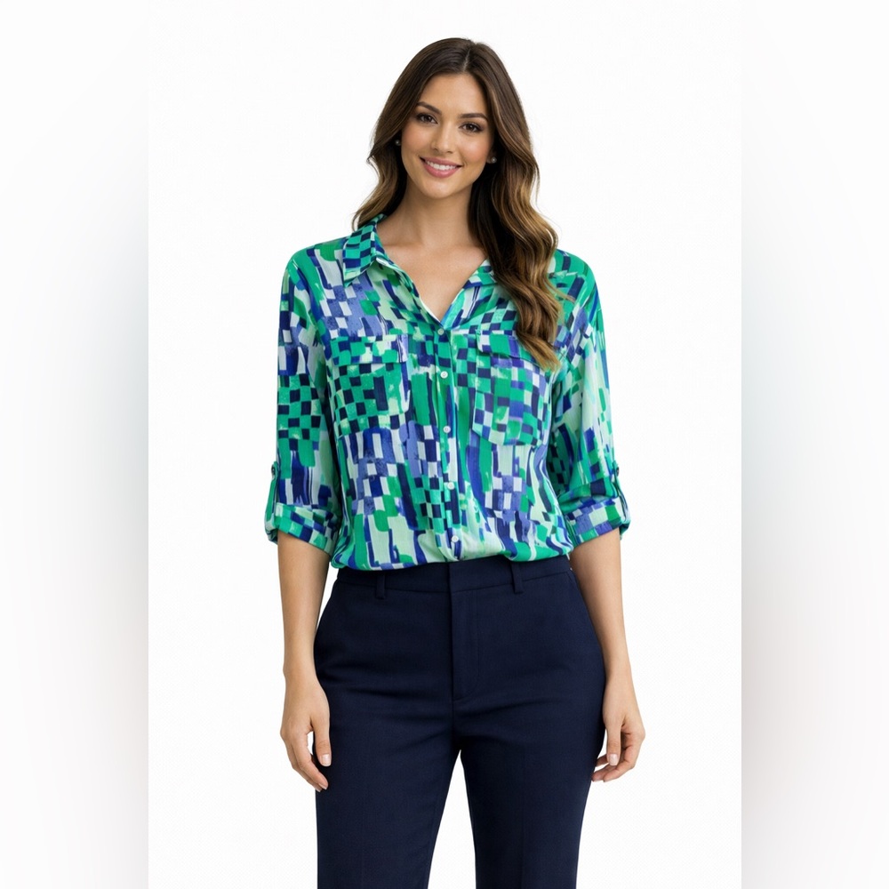 Blue Green Abstract Sheer Smocked Back Top